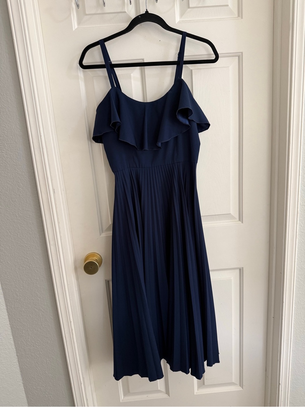 Staud Navy Ruffle Midi Dress with Pleated Skirt